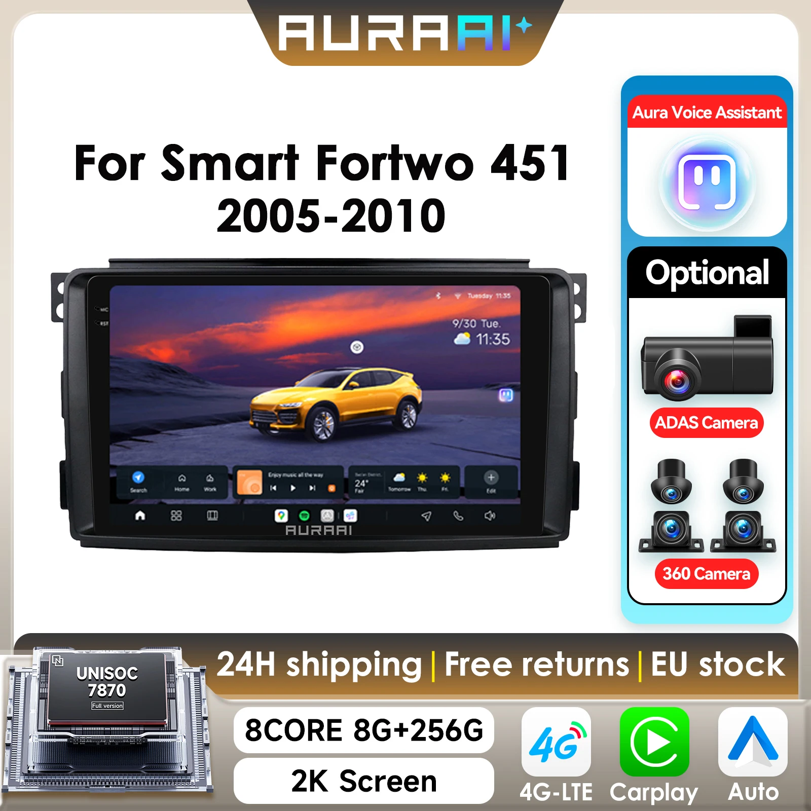 8G+256G AI 2K Bildschirm für Smart Fortwo 451 2005-2015 Autoradio CarPlay Android Auto 4G WIFI GPS BT DSD ADAS Dual-Mikrofon 360°-Kamera 7870