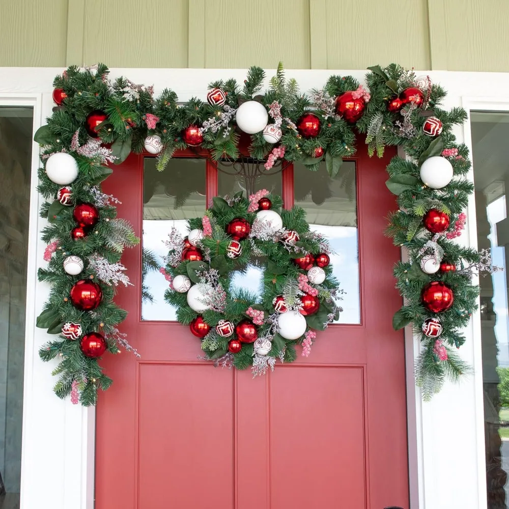 [24 Inch Artificial Christmas Wreath] - Nordic Collection - Red and White Decoration - Pre Lit with 35 Candy Cane Colored LED