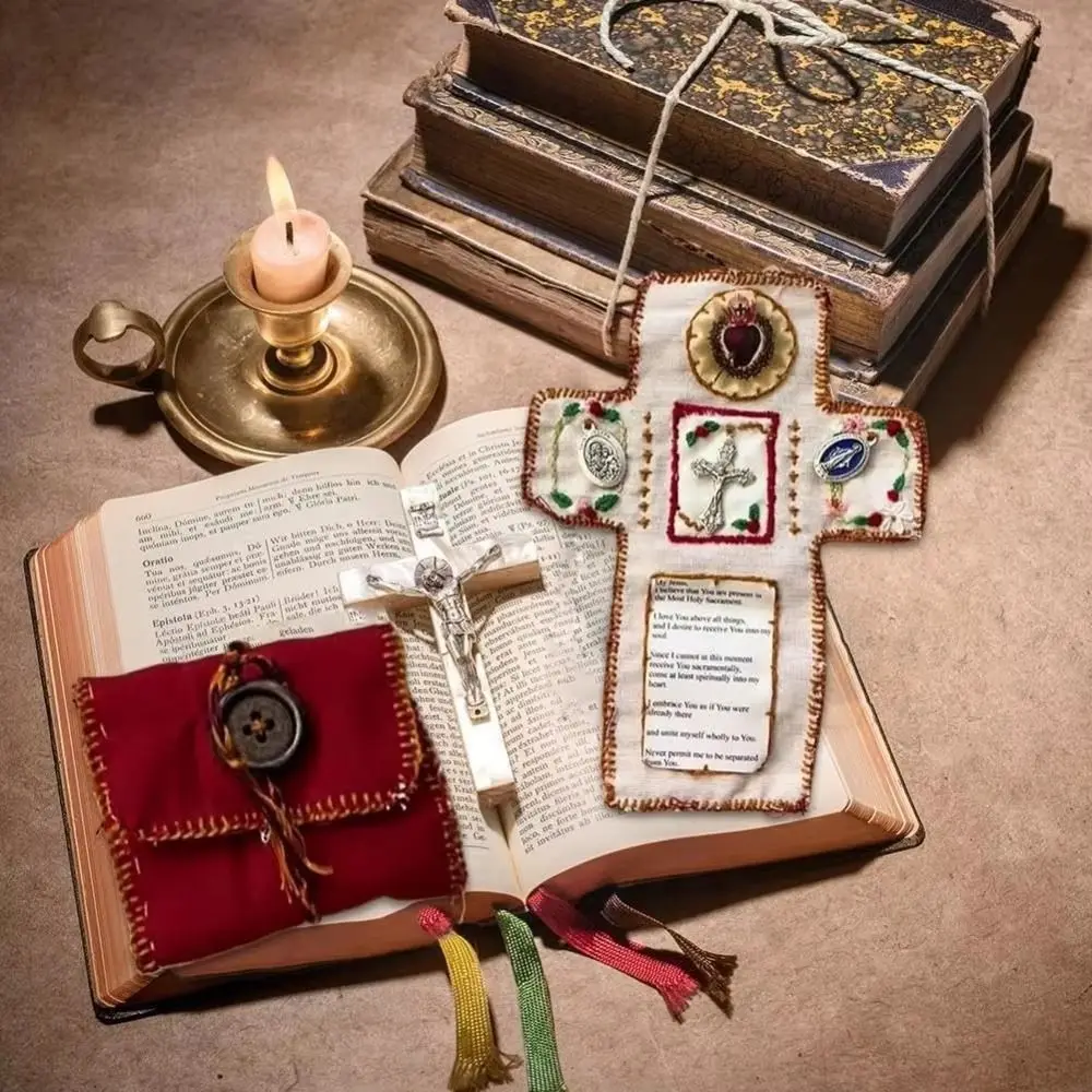 

Pocket Shrine with Silver Cross Included Inside, Mini Prayer Quilt with Cross Inside, Encouragement Christian Spiritual Gifts