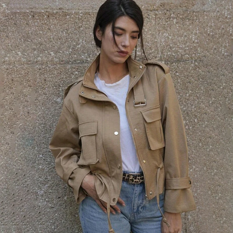 Women Cropped Cargo Jacket Lapel Collar Epaulets Pockets Drawstring Hem Zip Snap Button Slim Fit Coat Casual Ladies Outerwear