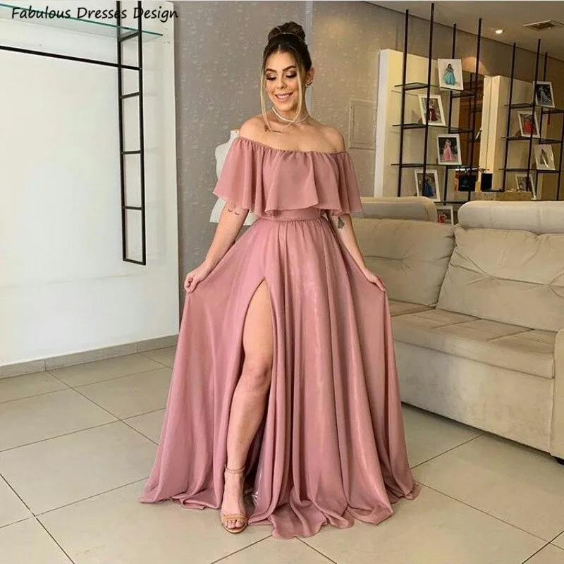 Flowing Chiffon A-line Long Bridesmaid Dresses Slit Off Shoulder Boat Neck Women Wedding Guest Dress Party Prom Gown