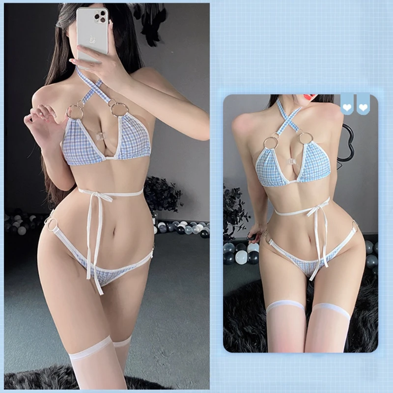 المرأة ثلاث نقاط المثيرة الملابس الداخلية مثير بيكيني مع الرسن عبر الأشرطة حلقة معدنية لهجات Temptatio خادمة مجموعة ملابس السباحة البيكينيات
