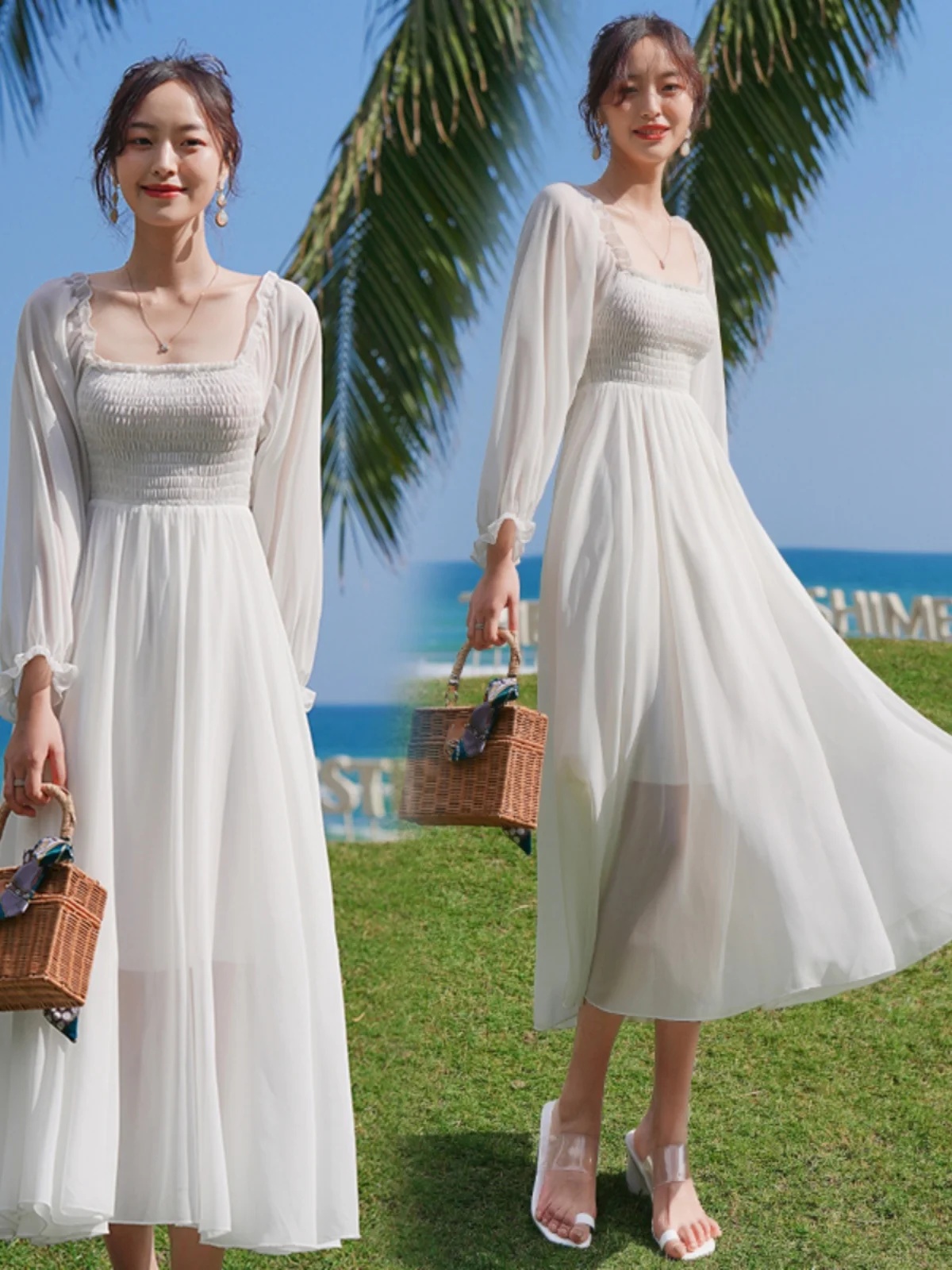 엘레 여름 비치 바캉스 롱 스커트 울트라 페어리 티 포레스트 시스템 스퀘어 칼라 롱 실크 쉬폰 슬리밍 드레스