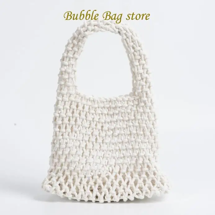 2024 New Summer Candy Color Cotton Rope Handbag Women's Hollow Mesh Bag Beach Vacation Bucket Bag Wrist Bag