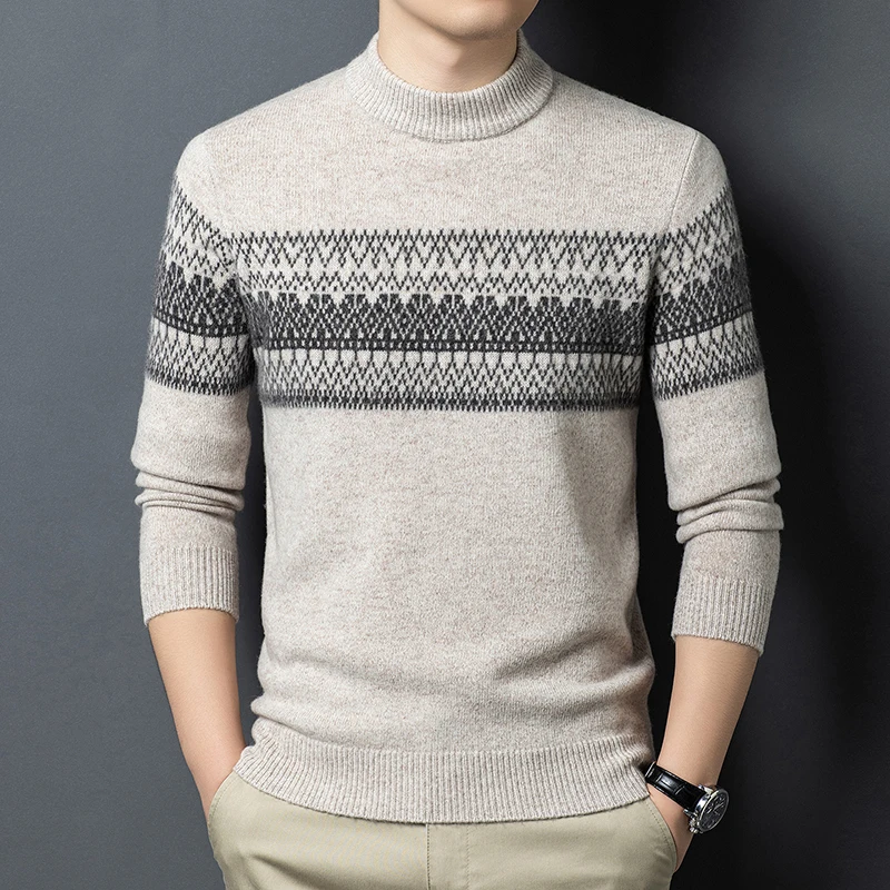 Mock Neck High-End Men Sweater Wool 100% Knitwear Warm Fleece Winter Quality Soft Comfortable Elastic Pullover Sueters De Hombre