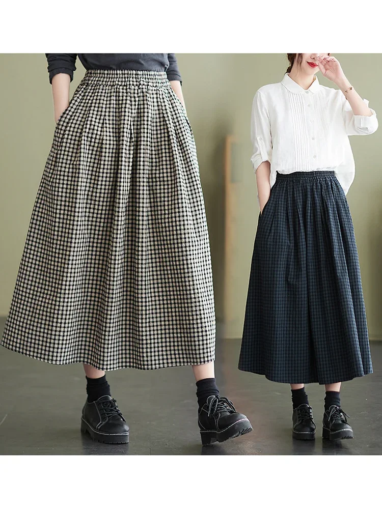 

Cotton Linen Plaid Wide Skirts for Women 2024 Vintage Loose Dress Pants Baggy Women's Joggers Home Capri LJ347