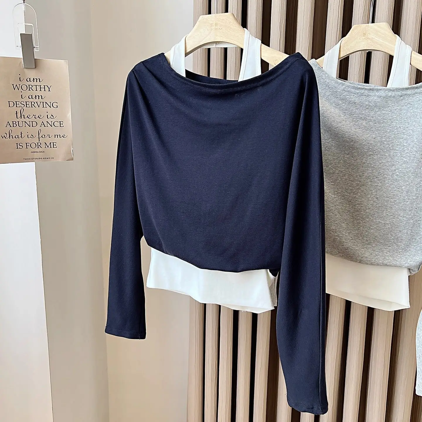Women's Long Sleeve T-Shirt Neck Hanging Base Shirt Outerwear Design Sensation Autumn New Style Korean Version Loose Fit Poly...