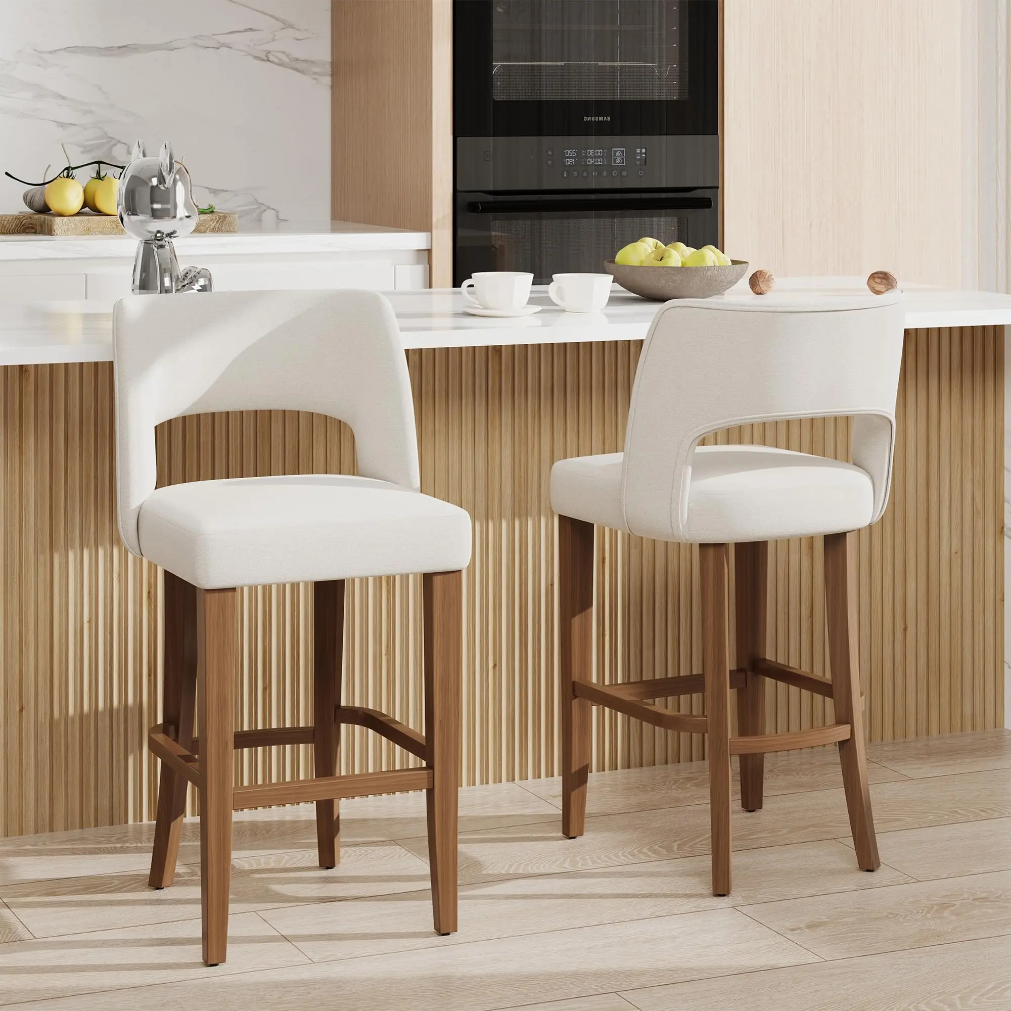 Set Of 2 26in Beige Linen Bar Stools With Back, Wooden Legs, Upholstered Counter Height Kitchen Island Chairs For Dining Room Bar Seating