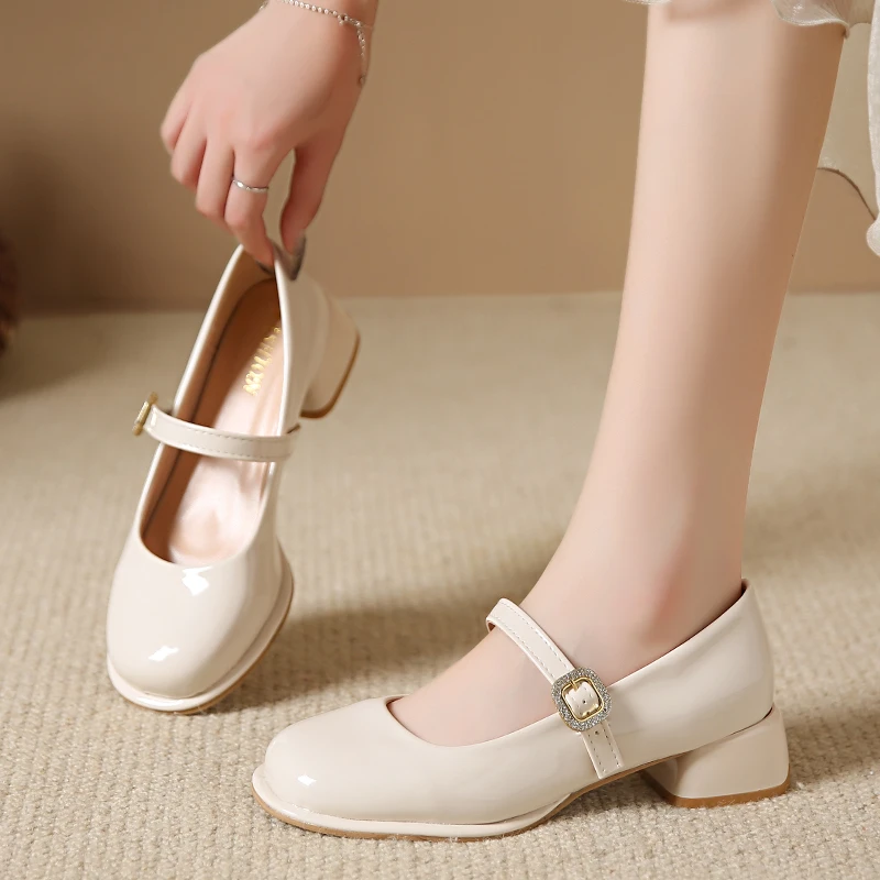 Women Pumps 2024 New Mary Jane Shoes for Women Big Size Belt Buckle Small Leather Shoes for Women Thick Heels High Heels Shoes