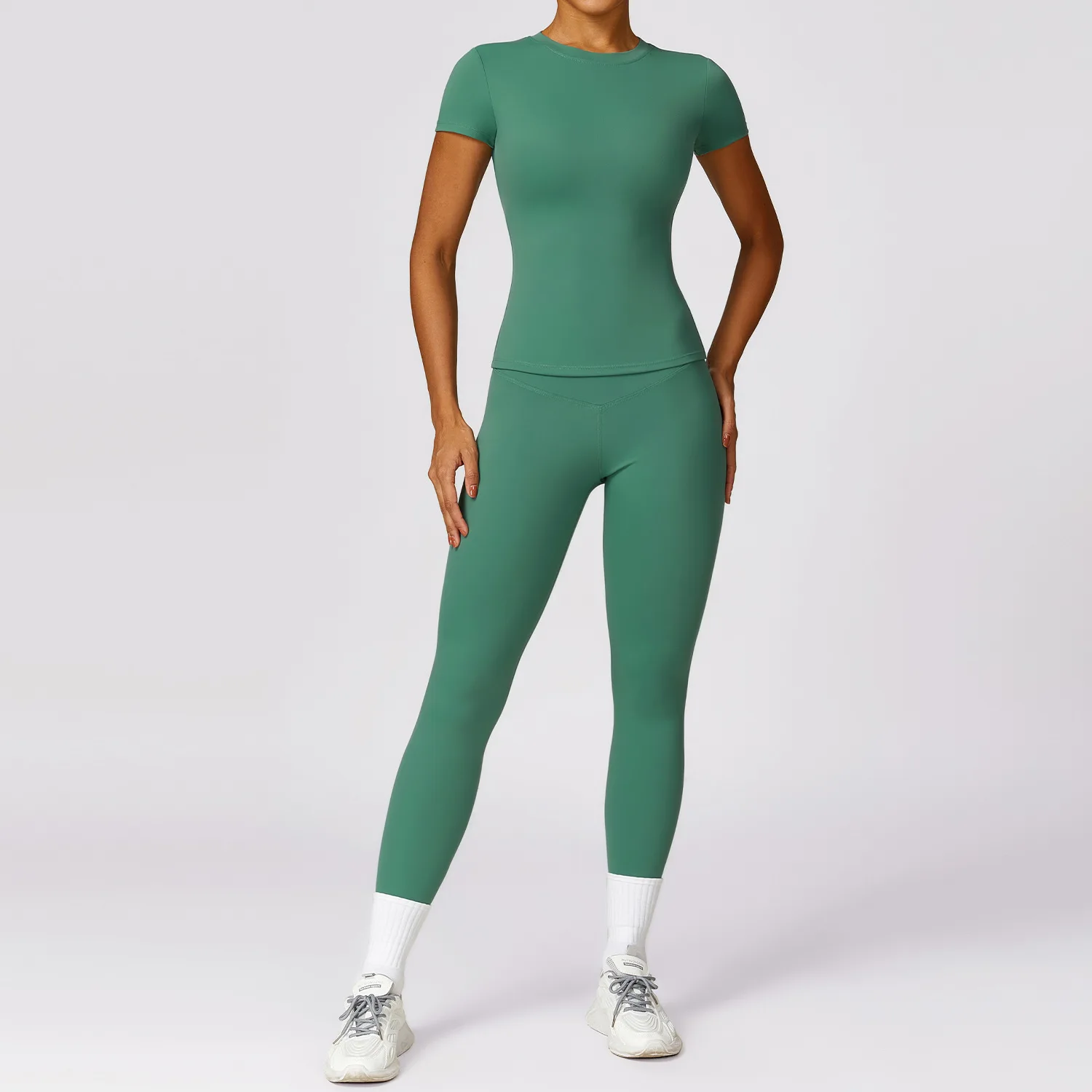 Colheita de manga comprida e cintura alta Leggings Yoga Set para mulheres, fatos de treino, roupas esportivas, roupas de ginástica, fitness, roupas