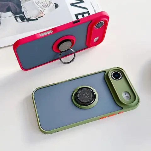 Luxury Metal Ring Holder Case For iPhone 17 Air 16 15 14 13 12 11 Pro Max Plus Mini 16E Matte Translucent Armor Shockproof Cover