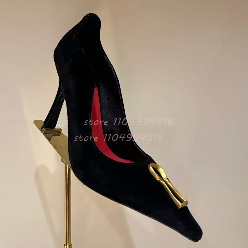 Gold Decor Pointed Thin High Heel Women's Black Shallow Slip On Cover Heel Pumps 2025 Luxury Fashion Party Ladies Single Shoes