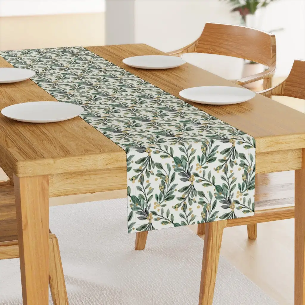 Table Runner Watercolor Green Leaves Golden Berries Pattern For Home Dining Table Decoration Elegant Stylish Durable Certified