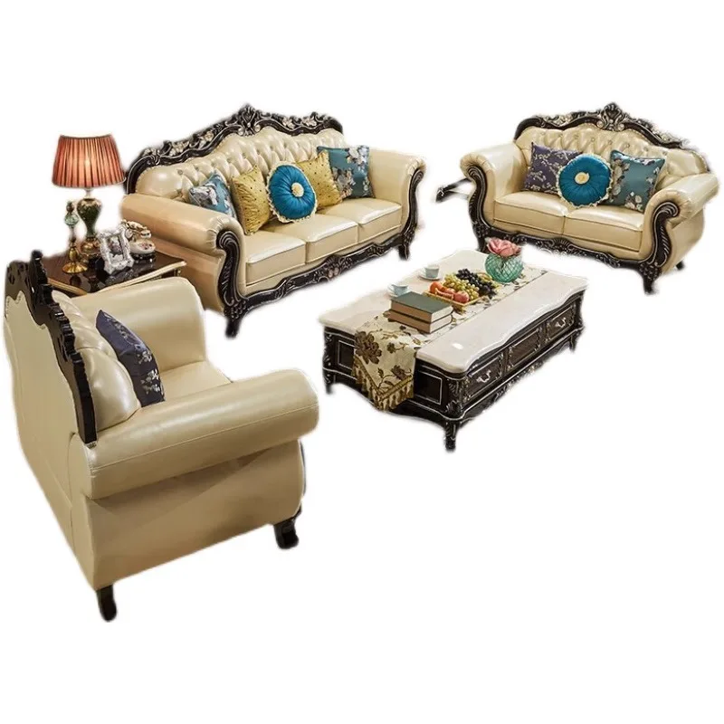 

European leather sofa first layer cowhide combination living room luxury ebony size apartment solid wood carving flower furnit