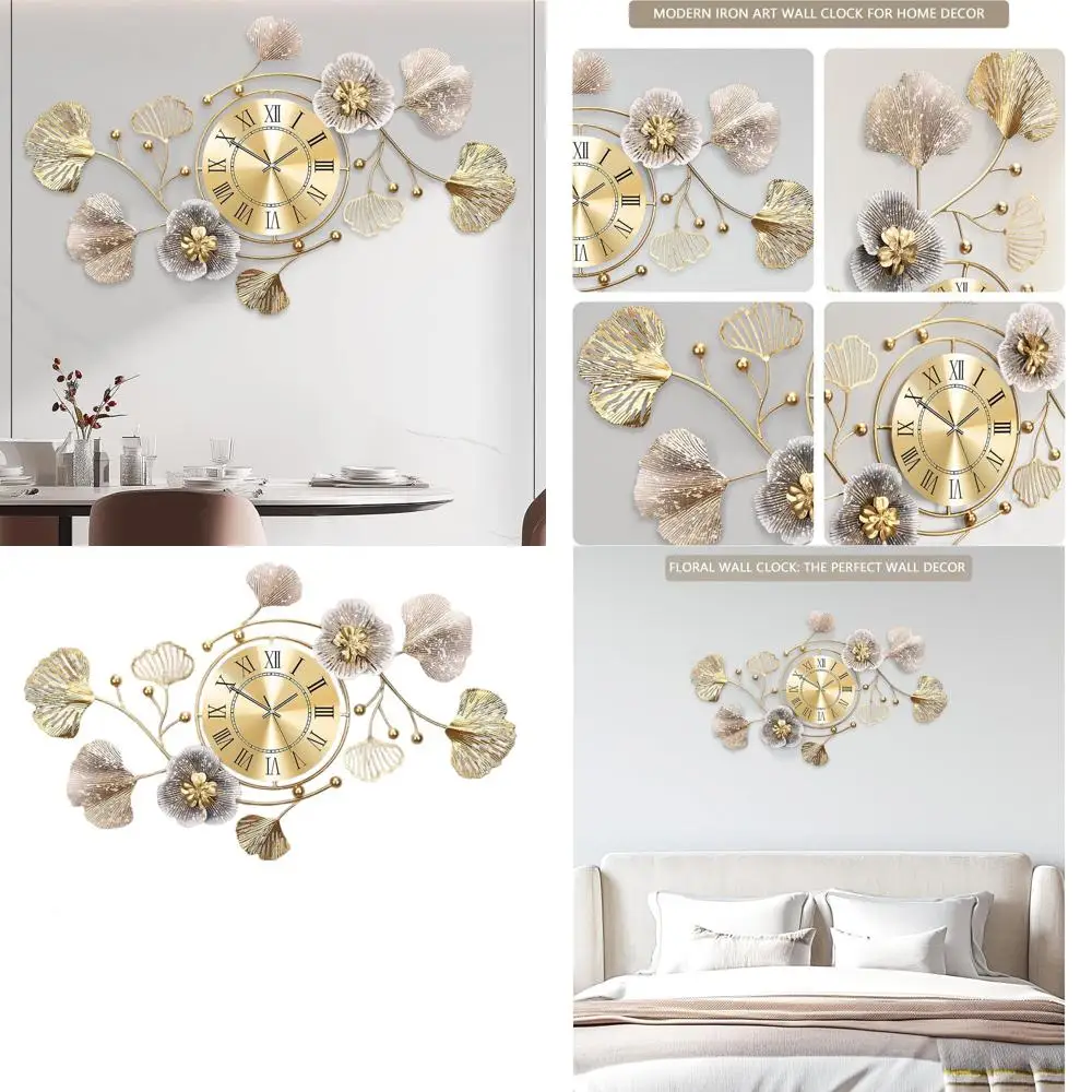 

Large 3D Silent Wall Clock, Vintage Metal Ginkgo Leaf Design, 32x18 for Living Room & Kitchen Decor