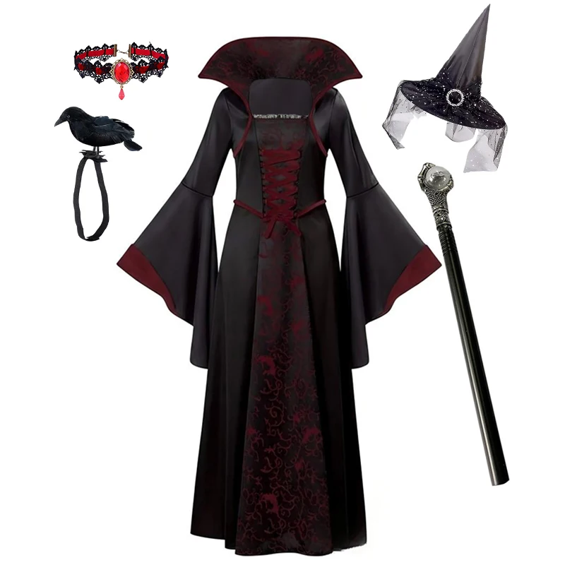 2026 Kids Halloween Gothic Vampire Costume Girls Flare Sleeves Printed Long Dress Carnival Party Performance Clothes