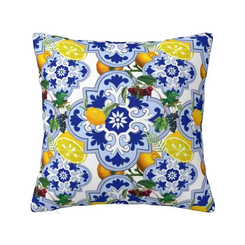 Sicilian Summer Fruit Lemon Citrus Tiles Pillow Decorative Modern Cushion Cover Square Pillowcase