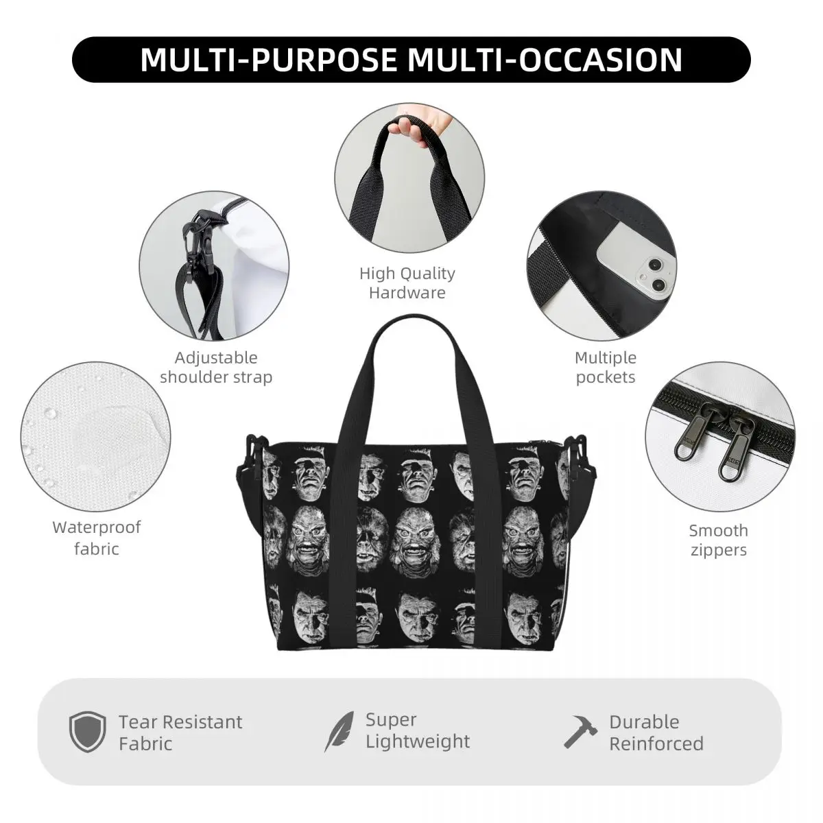 Universal Studios، Monsters، Dracula، Wolfman، Frankenstein Beach Travel Bag Tote Bags for Gym Women Shopping Duffle Shoulder Bag