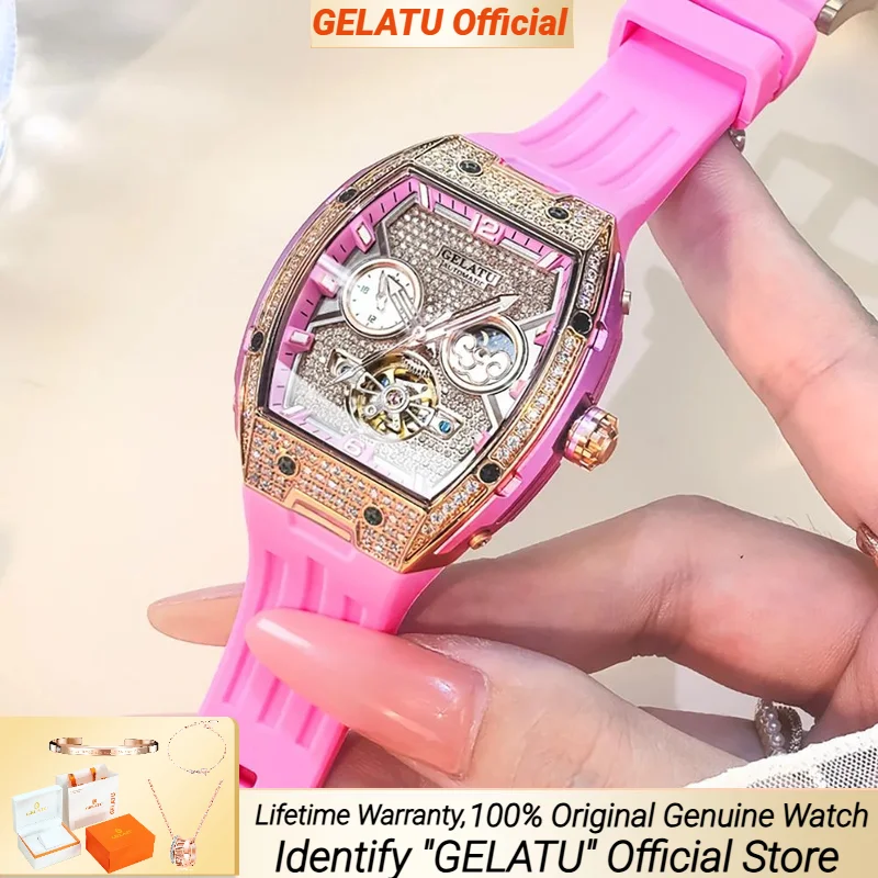 

GELATU Original Automatic Mechanical Ladies' Watch Full Diamond Skeleton Flywheel Dial Waterproof Moon Phase Luxury Watch Women