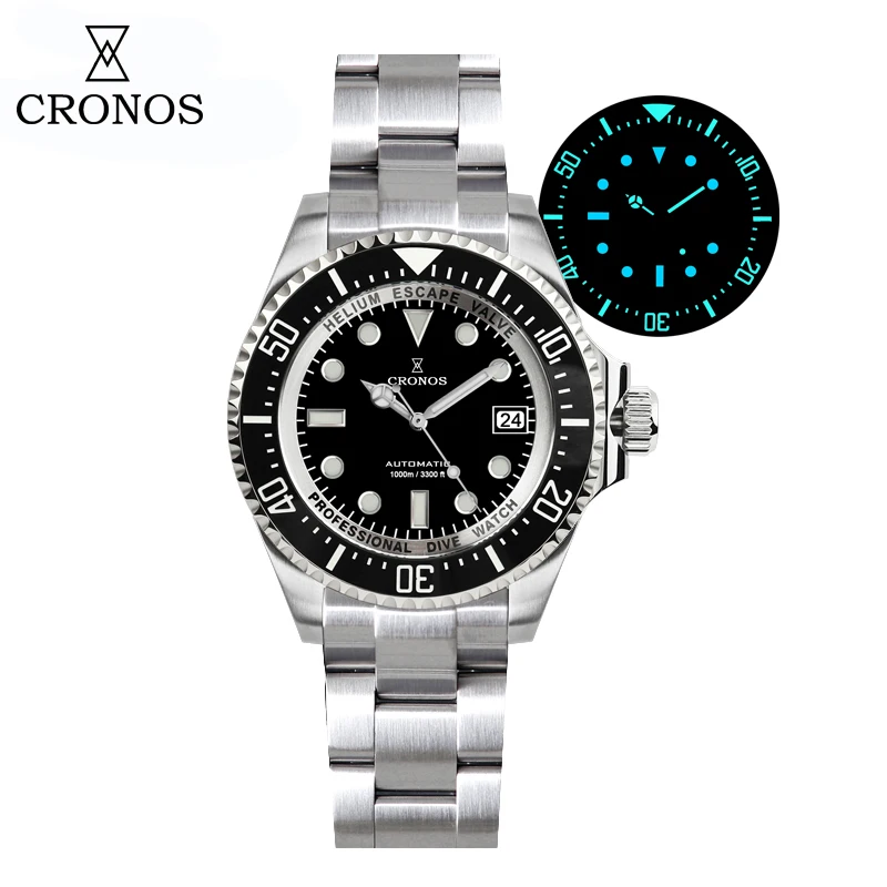Cronos  L6009M Automatic Diving Man Watch Stainless Steel Bracelet 2000 Meters Water Resistance Professional Diver Men's Watches
