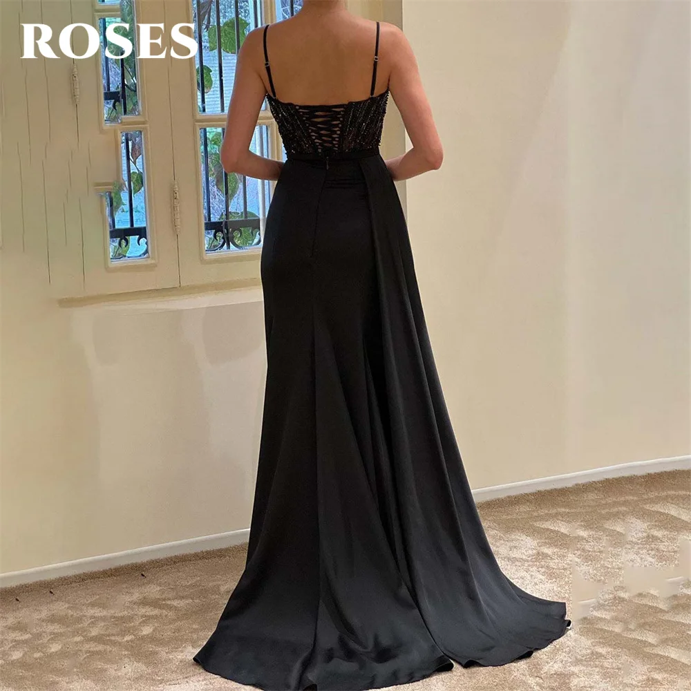 Vestido de fiesta de boda con cuentas de Rosas Negras, elegante y Sexy, vestidos de celebridades con abertura lateral, vestidos para ocasiones especiales