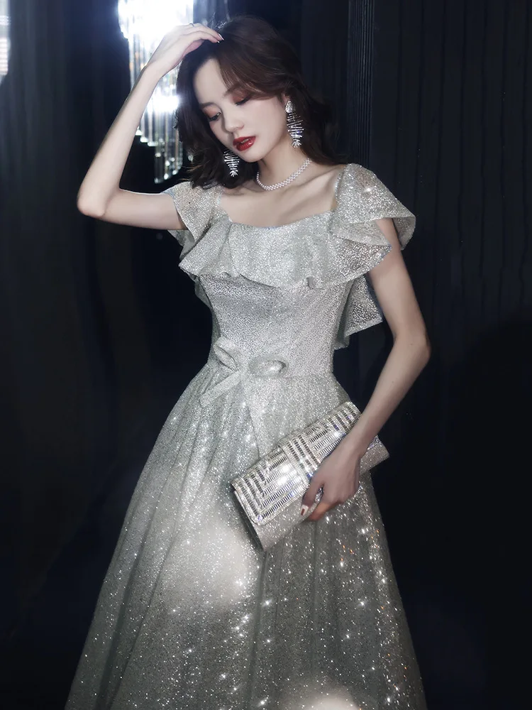 Customized Starry Evening Dress Female 2024 New Elegant Banquet Super Fairy Wedding Party Vestidos Celebrity Silver Long Slim Pr