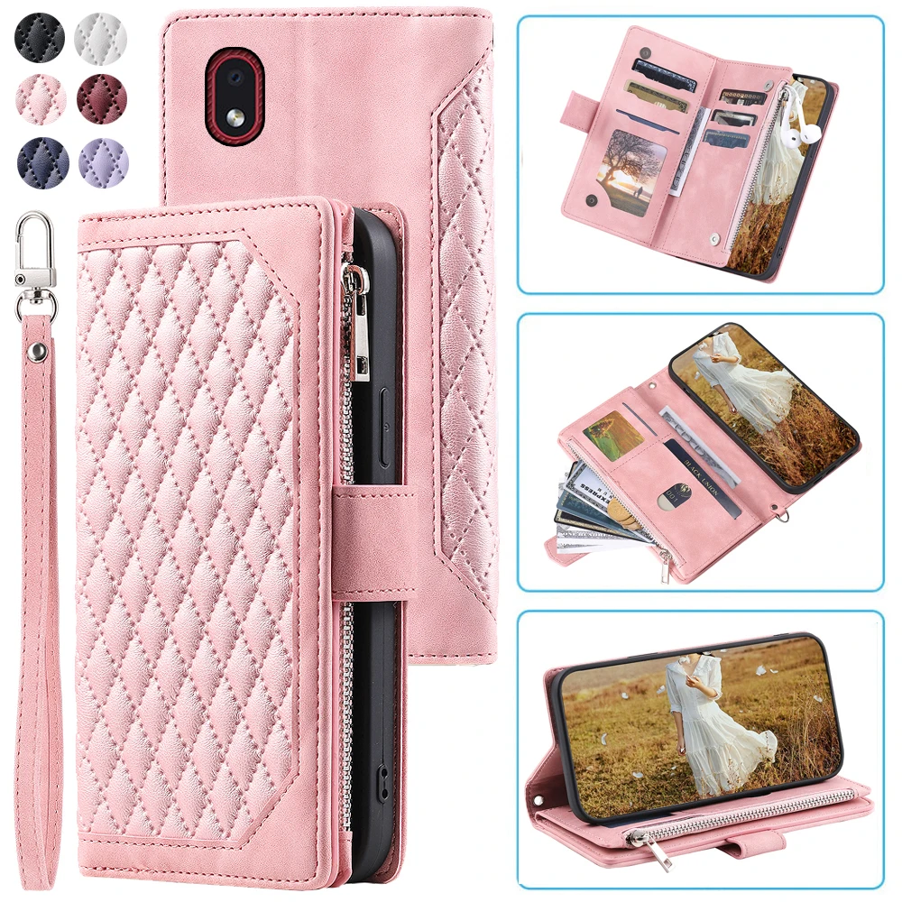 

Fashion Zipper Wallet Case For Samsung A01 Core Flip Cover Multi Card Slots Cover Phone Case Card Slot Folio with Wrist Strap