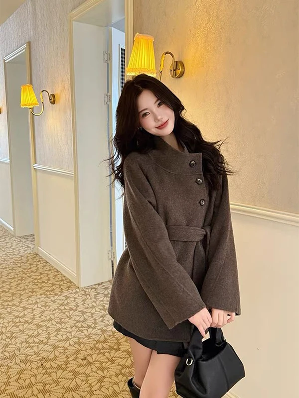 

plus Size Korean Sle Woolen Coat Women's Thi ort Faionable Autumn Winter Polyester Fiber Stand Collar Single Button