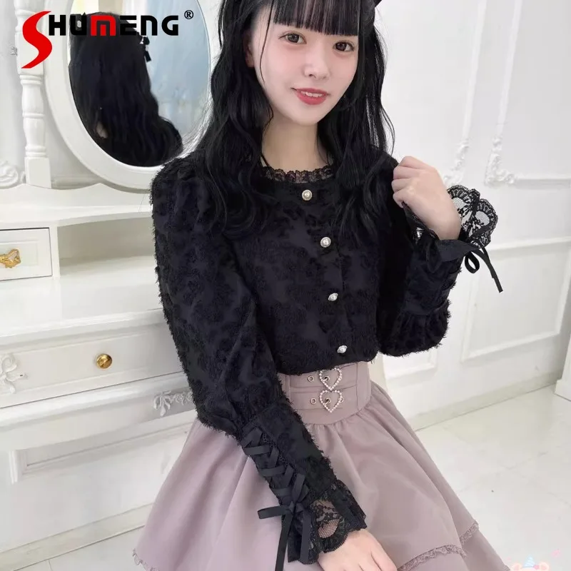 Japanese Rojita Style New Feather Strap Exquisite Mass-Produced Lady Versatile Sweet Long Sleeve Shirt Single Breasted Camisa