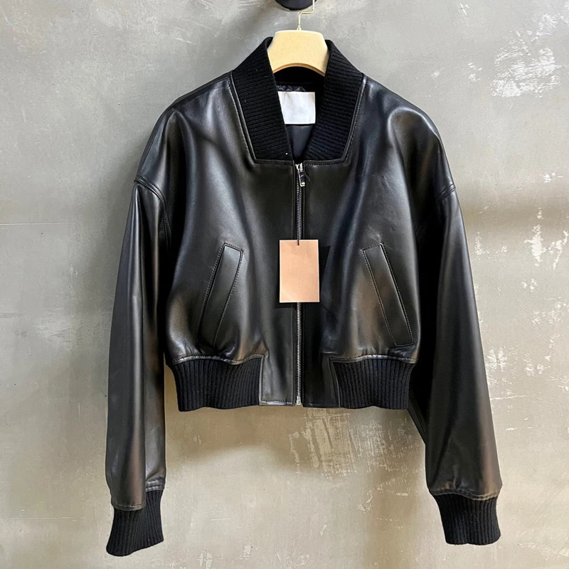 2026 New Women's Genuine Leather Jackets Fashion Streetwear Loose Drop-shoulder Stand Collar Short Casual Sheepskin Leather Coat