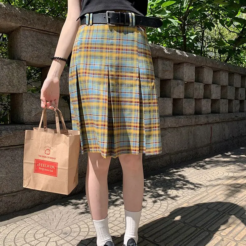 

Vintage Plaid A-Line Sweet Knee Skirts Spring Autumn New High Waist Female Clothing Korean Fashionable Pleated Aura Basic Skirts