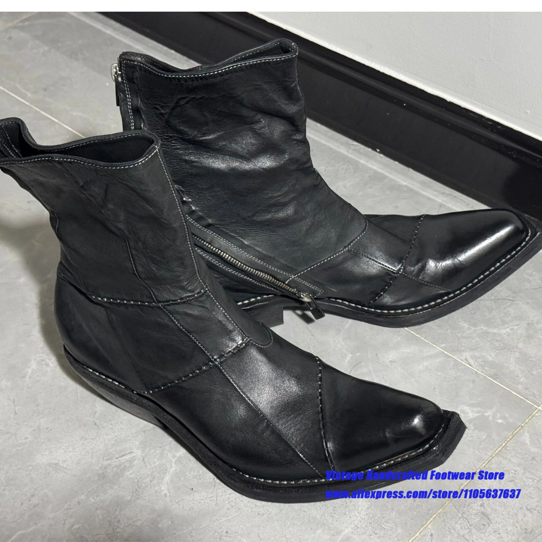 Black Wrinkled Leather Side Zip Pointed Toe Ankle Boots Vintage Low Heel Gothic Booties ﻿Designer Handcrafted Men's Shoes