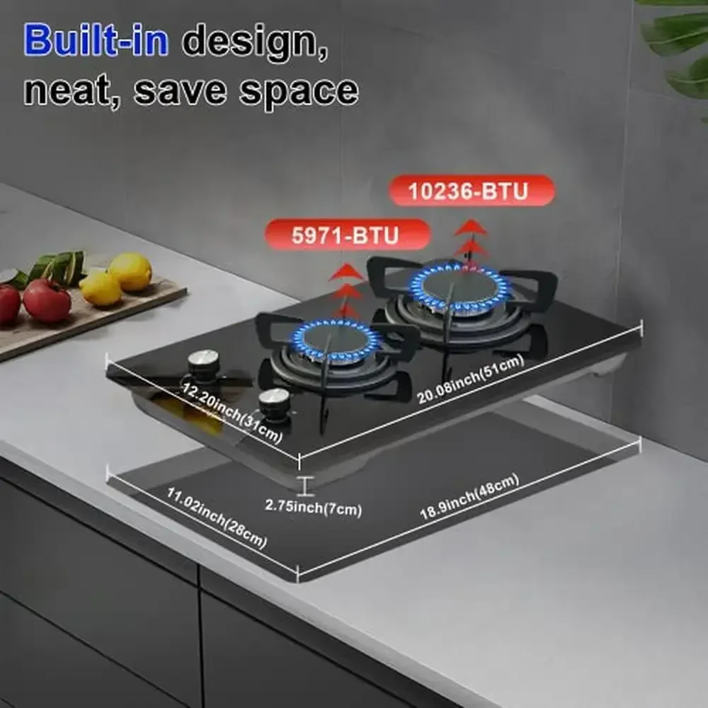12" Gas Stove 2 Burners Dual Fuel LPG/NG Built-in Propane Cooktop Tempered Glass Top Safety Electric Ignition Kitchen Fixture