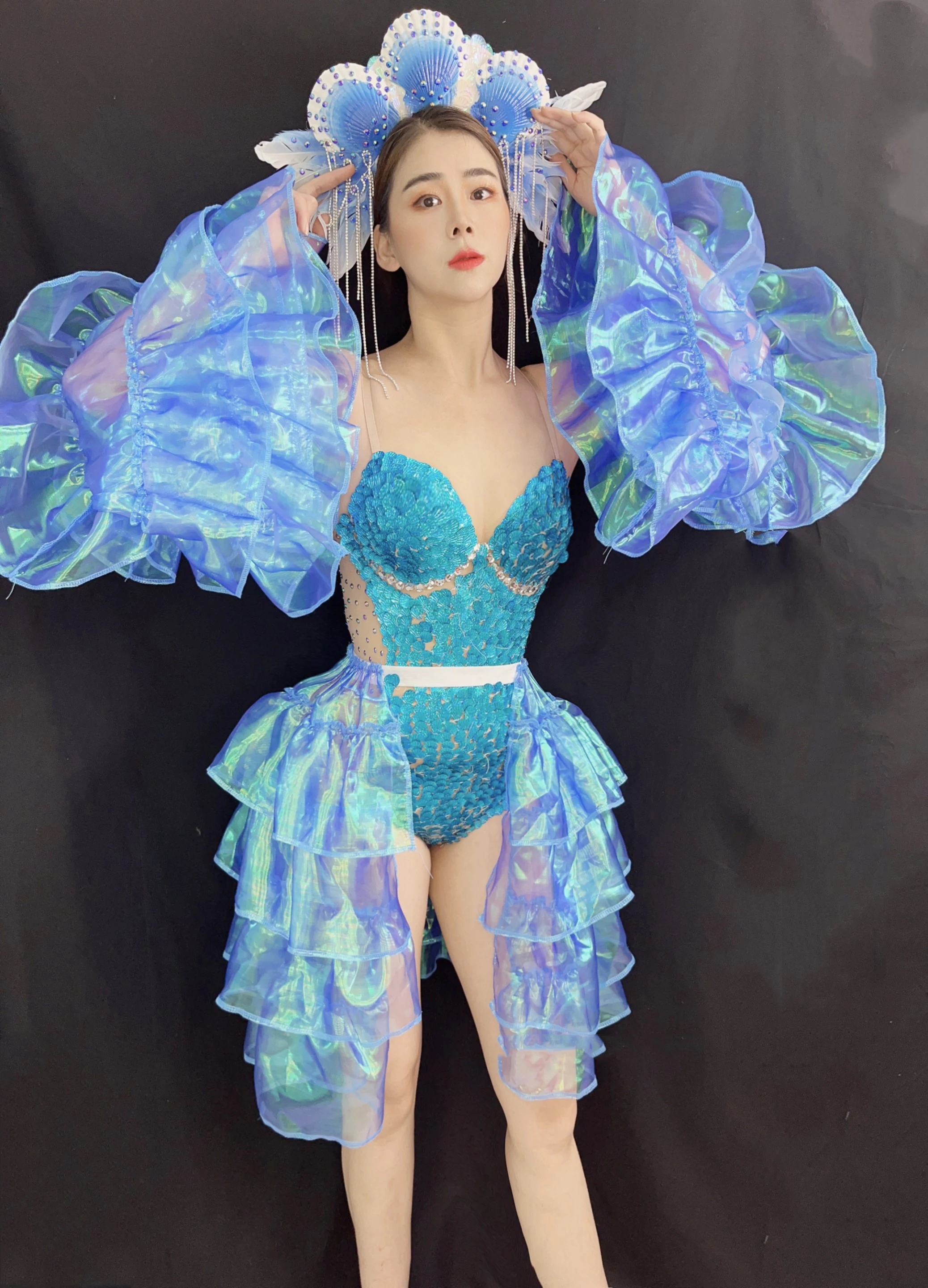 Blue Sequins บอดี้สูท Gogo Dancer เครื่องแต่งกายเลเซอร์แขนนักร้องชุดเวทีปาร์ตี้ Dancewear Dj Ds Clubwear