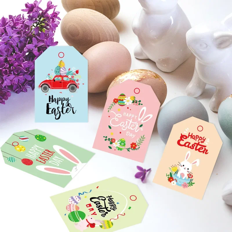 Happy Easter Gift Tags Rabbit Bunny Ear Print Paper Cards Packaging Hang Tag Labels Easter Party Decoration Supplies 48pcs Mix