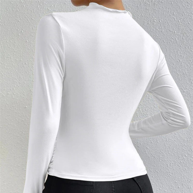 Pleating Design Long SleeveTWomen\'s Solid Color Slim Bottoming Shirt All-Matching round Neck T-shirt