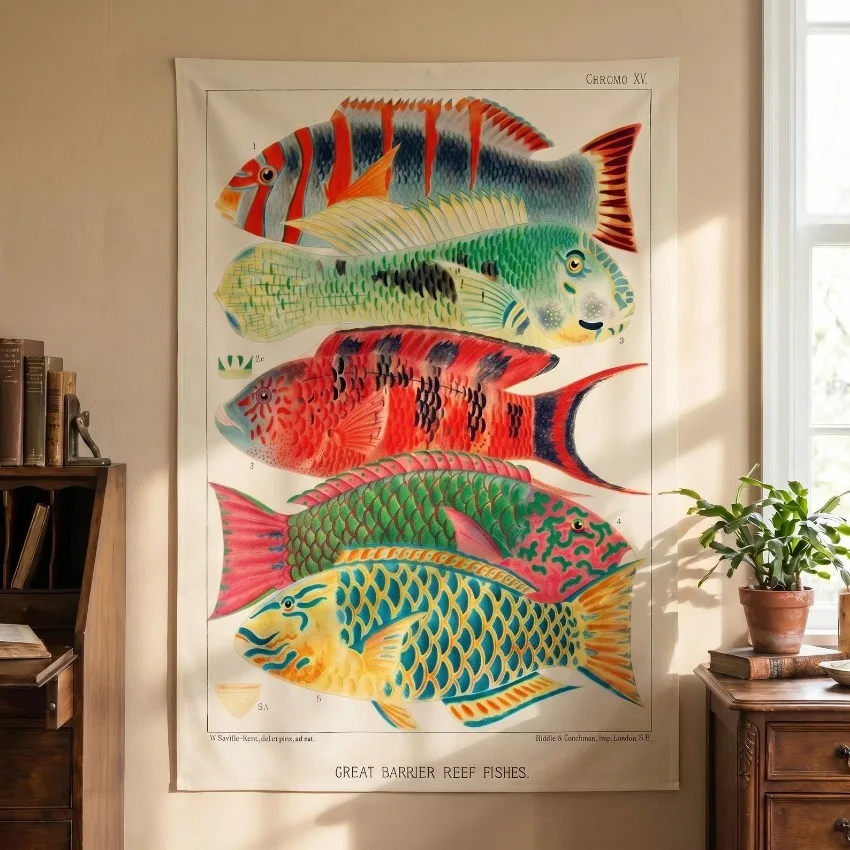Ocean Fish Tapestry Wall Hanging Colorful Marine Life Fabric Art Coastal Home Decor Bedroom Living Room Wall Decoration