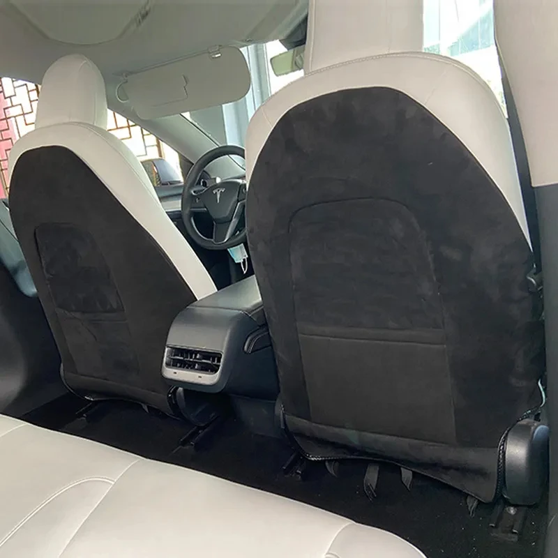 2023 For Tesla Model 3 2017-2023 Model Y Turn Fur Suede Seat Back Anti Kick Protectors Cover Mats Full Surrounded Seatback Pad