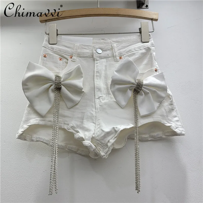 Fashion Denim Shorts Women's High Waist Three-dimensional Bow Diamond Tassel Hottie Sexy Super Shorts Hot Pants Summer New