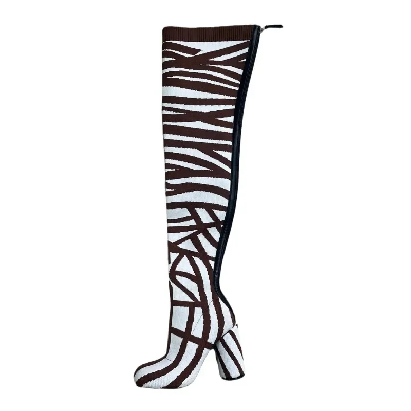 2024 European and American Women's Autumn and Winter Fashionable Elastic Knitted Checkered Long Tube Over Knee Sleeve Boots