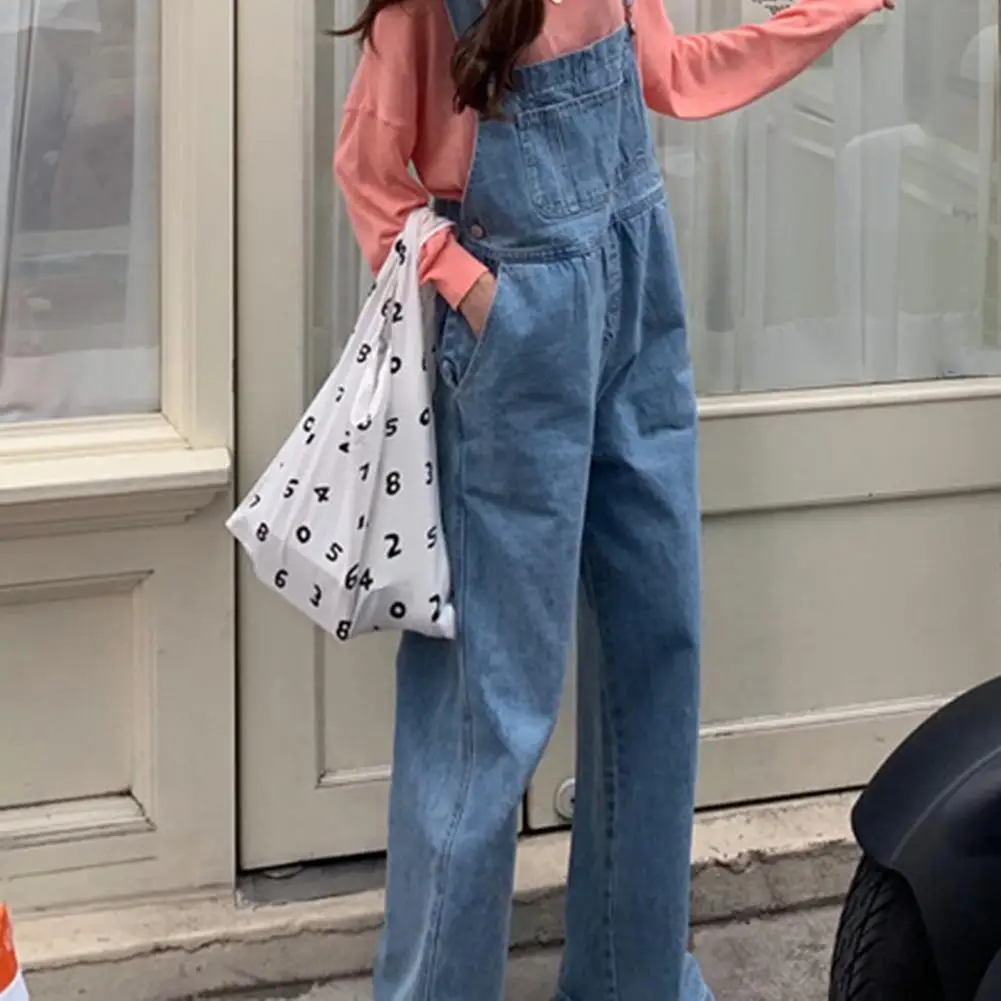 Повседневные комбинезоны с квадратным воротником, женские широкие джинсовые комбинезоны с регулируемыми бретелями и карманами, повседневные весенние женские комбинезоны