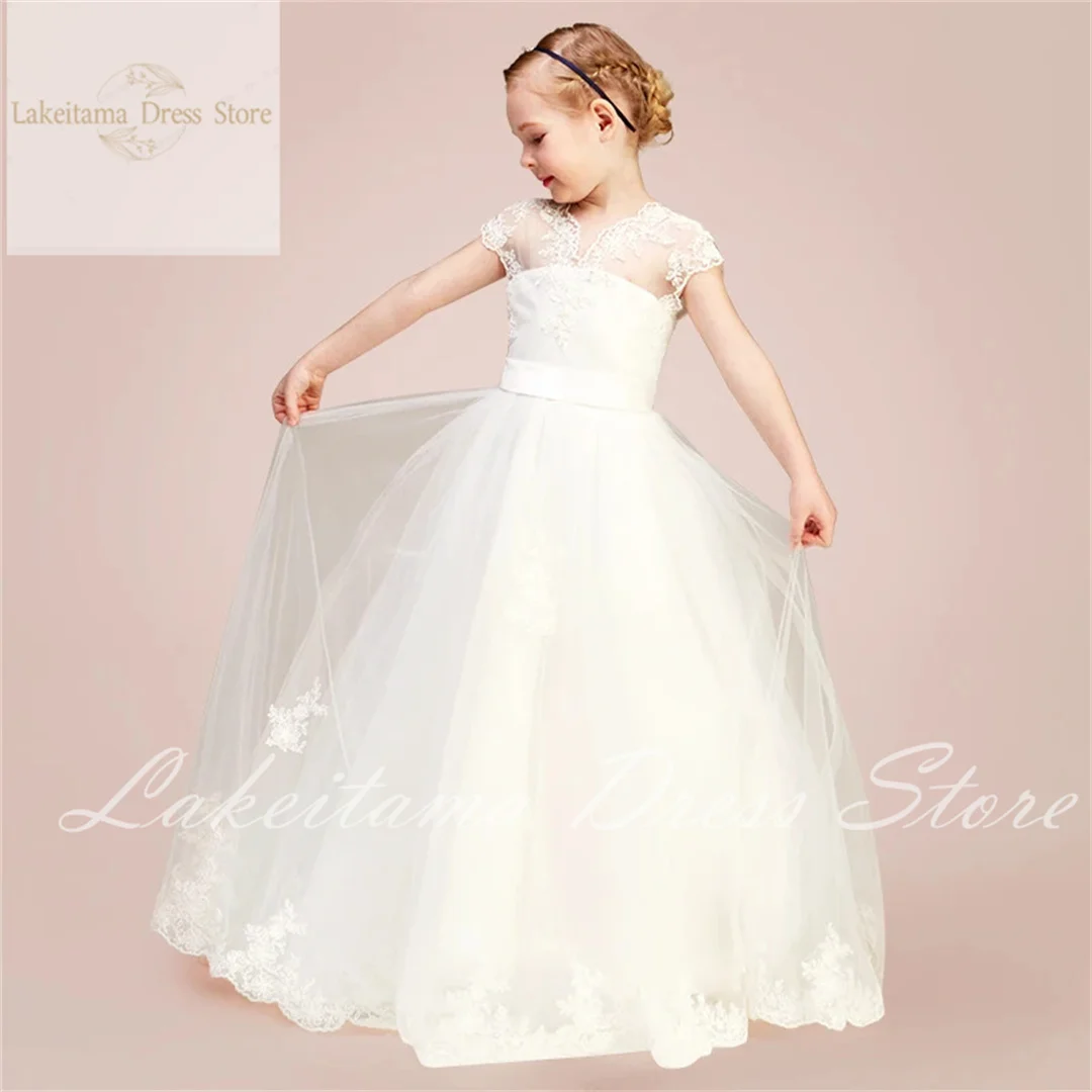 Princess Tulle Junior Concert Lace Girl Short Sleeves Dresses For Birthday Wedding Pageant Party White