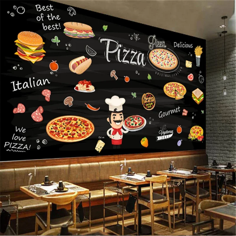 

Custom Hot Dogs Burgers Western Fast Food Restaurant black Background Wall Mural Wallpaper 3D Snack Bar Pizza Wall Paper 3D