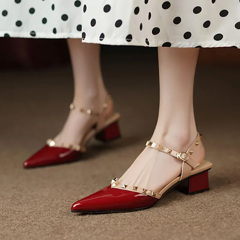 New Women\'s Rivets Sandals Patent Leather Shoes for Woman Mid Heels Ankle Strap 2024 Summer Pointed Toe