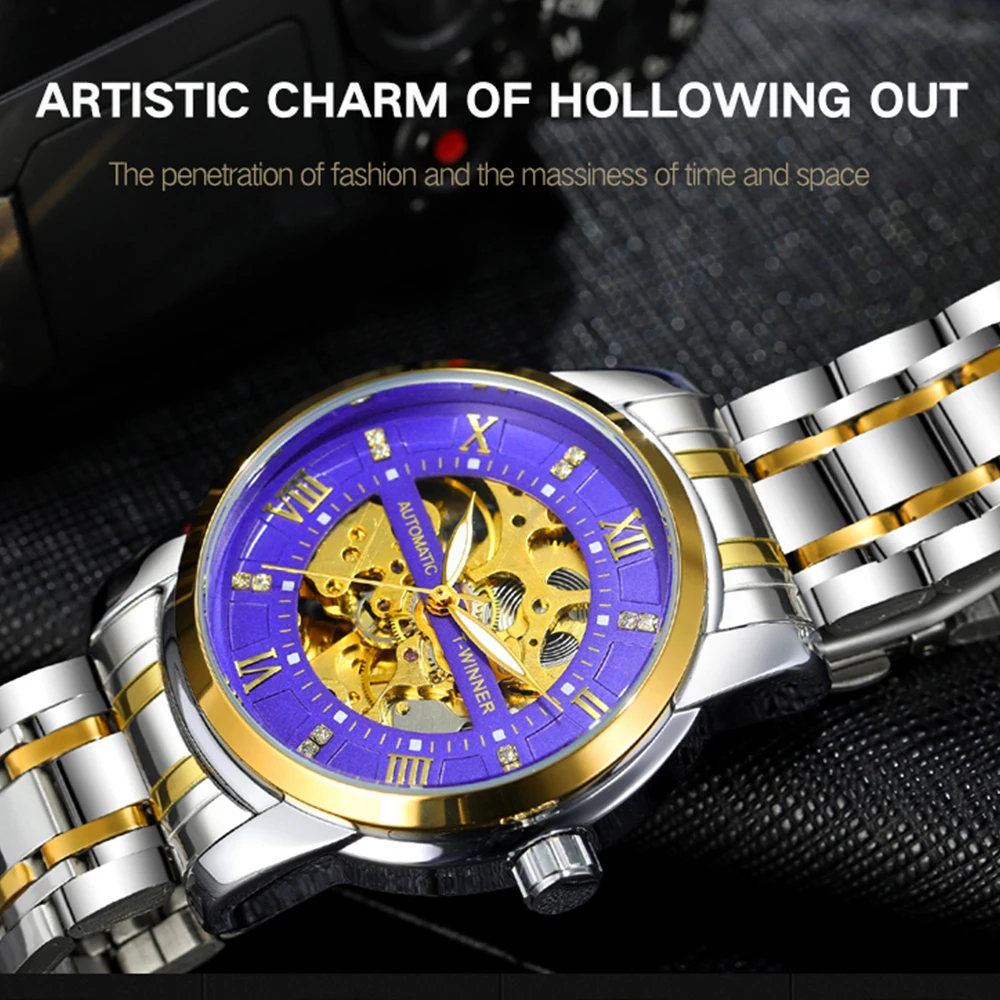 T-WINNER na moda relógios masculinos esqueleto relógios mecânicos automáticos strass ponteiros luminosos aço inoxidável esporte relógio de pulso