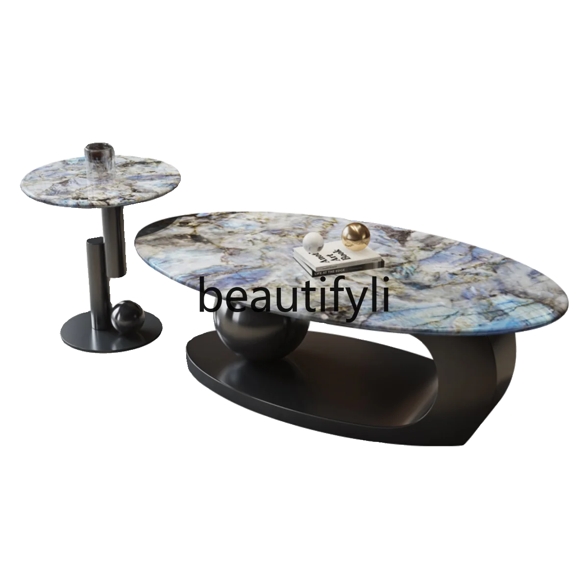 Italian minimalist blue jadeite luxury stone microcrystalline stone oval coffee table combination