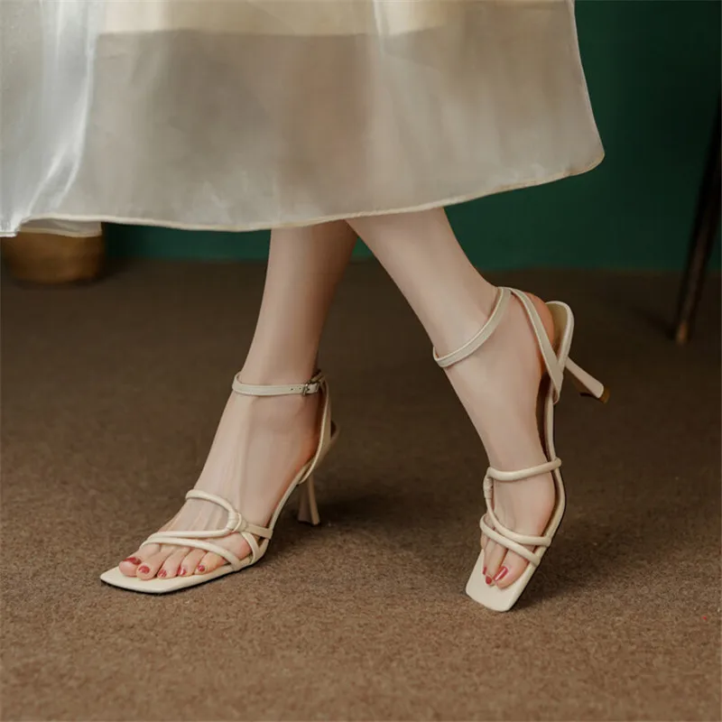 New Summer Sandals Cow Leather Sandals Casual French Square Toe High Heels Sandals for Women Zapatos De Mujer Handmade Stiletto