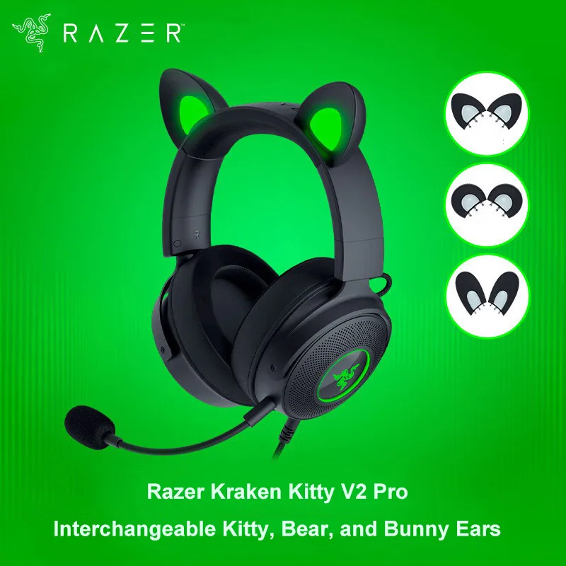 

Проводная RGB-гарнитура Razer Kraken Kitty V2 Pro со сменными ушками (Kitty, Bear, Bunny) -потоковое реактивное освещение-драйвер 50 мм