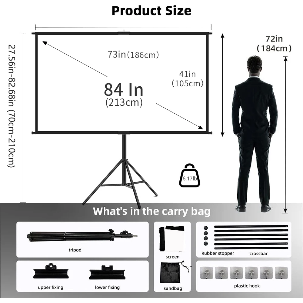 VEIDADZ projectorscherm met standaard opvouwbaar wit kreukvrij 60-120 inch 16:9 scherm met tas voor thuisbioscoop binnen buiten - afbeelding 1