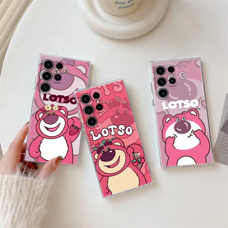 

Lotso Strawberry Bear Phone Case For Samsung Galaxy S24FE S25 S23 S21 Ultra S20 S24 FE S22 Plus A35 A54 A55 5G Case Clear Cover